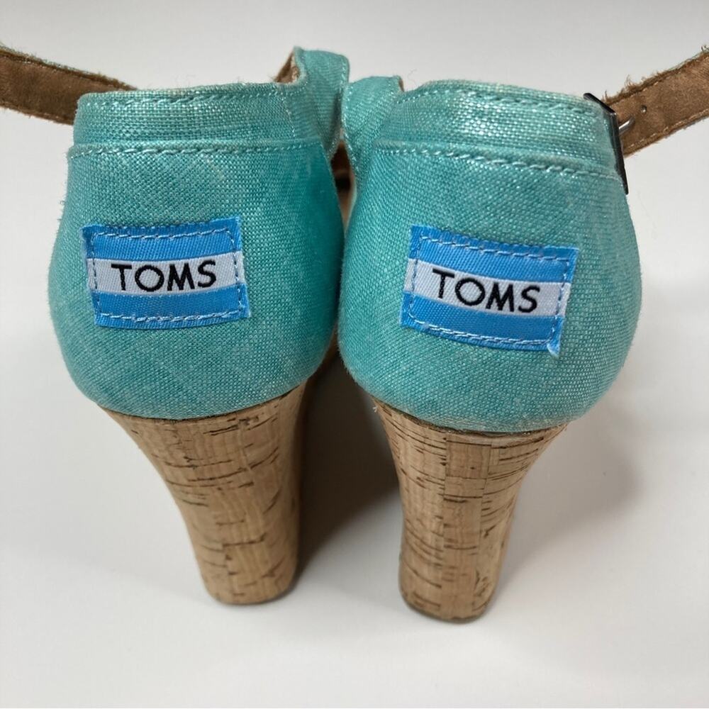 3/$30 Toms | Shimmery Aqua Cross Strappy Platform Cork Heels 9.5 - Picture 9 of 10